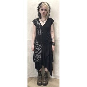 Vassalli Italy Whimsigoth Art Grunge Black Graphic Asymmetrical Dress Sz 50 US14